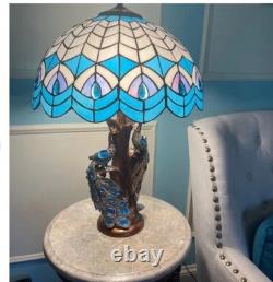23.5 Tiffany Style Stained Glass Victorian Peacock Blue Table Desk Lamp
