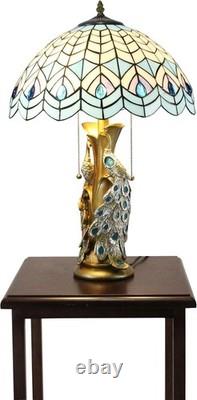 23.5 Tiffany Style Stained Glass Victorian Peacock Blue Table Desk Lamp
