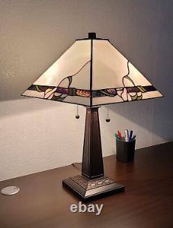 23 White Stained Glass Floral Two Light Mission Style Table Lamp