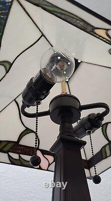 23 White Stained Glass Floral Two Light Mission Style Table Lamp