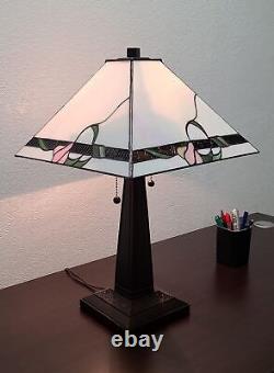 23 White Stained Glass Floral Two Light Mission Style Table Lamp