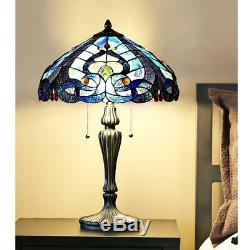 24.25 in. Tiffany Style Blue Indoor Table Lamp Stained Glass Sea Shore Shade