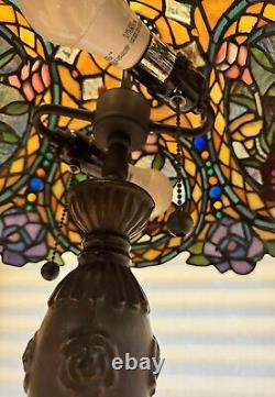 24 Floral Stained Glass Lamp Double Socket Metal Leaf Pattern Base