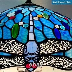 24 Tiffany Stained Glass Blue Dragonfly Table Lamp Vintage American Design
