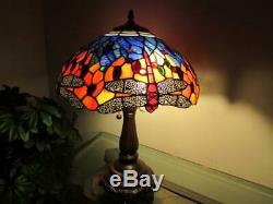 25'' Tiffany Style Red Dragonfly Table Lamp Stained Glass Desk Light Handcrafted