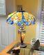 25 Tiffany Style Stained Glass Gold Blue Table Lamp Double Lit Accent Reading
