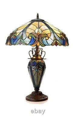 25 Tiffany Style Stained Glass Gold Blue Table Lamp Double lit accent reading