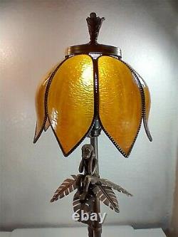 28 TIFFANY STYLE SLAG STAINED GLASS MONKEYS On A PALM TREE TABLE LAMP