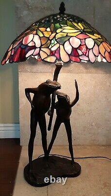 29 Bronze Antique Tiffany Style Frog Table Lamp With Stained Glass Shade