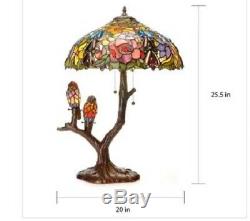 4 Light Tiffany Style Table Lamp Hand Cut Stained Glass Birds Flowers Desk Cord