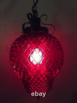 60s vintage gypsy gothic swag lamp, black iron, red stain glass shade