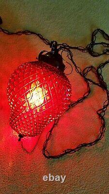 60s vintage gypsy gothic swag lamp, black iron, red stain glass shade