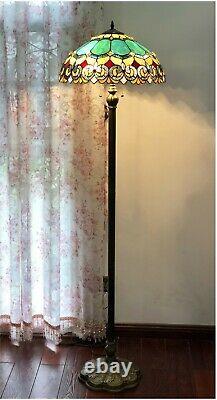 62 Victorian 2 Bulb Antique Dark Bronze Stained Glass Floor Lamp 18 Shade