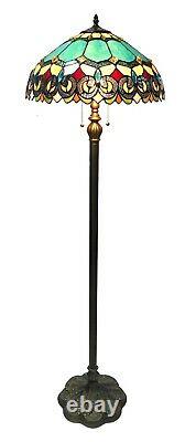 62 Victorian 2 Bulb Antique Dark Bronze Stained Glass Floor Lamp 18 Shade