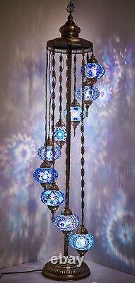 9 Globe Turkish Moroccan Mosaic Bohemian Boho Colorful Floor Lamp Light, Blue