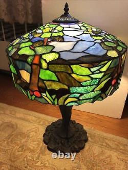 AMBIANCE TIFFANY STYLE LAMP STAINED GLASS SHADE TREES SKY BRONZE FINISH with TAG