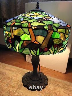 AMBIANCE TIFFANY STYLE LAMP STAINED GLASS SHADE TREES SKY BRONZE FINISH with TAG