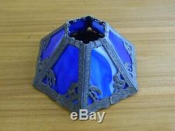 ANTIQUE VICTORIAN 6 PANEL blue STAINED SLAG GLASS LAMP SHADE read