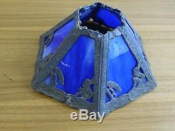 ANTIQUE VICTORIAN 6 PANEL blue STAINED SLAG GLASS LAMP SHADE read