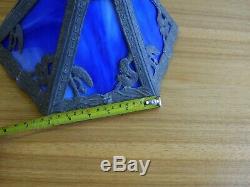 ANTIQUE VICTORIAN 6 PANEL blue STAINED SLAG GLASS LAMP SHADE read