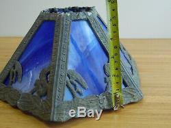 ANTIQUE VICTORIAN 6 PANEL blue STAINED SLAG GLASS LAMP SHADE read