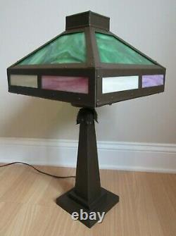 ANTIQUE arts & crafts LAMP slag stained glass TWELVE PANEL brown mission 1910