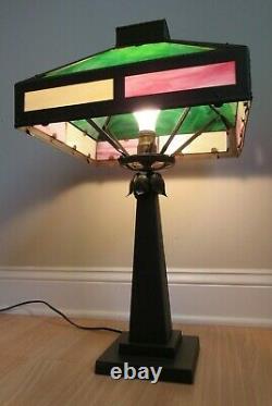 ANTIQUE arts & crafts LAMP slag stained glass TWELVE PANEL brown mission 1910