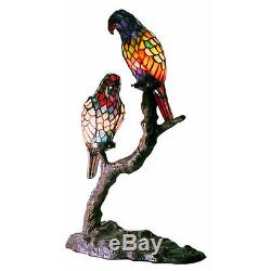 Accent Table Lamp Handmade Tiffany Style Stained Glass Exotic Birds Metal Base