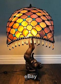 Amazing Bronze Woman Art Nouveau Leaded Stained Glass Shade Beaded Lamp