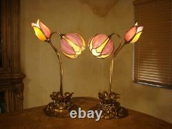 Amazing Pair 2 Lights Antique Stained Slag Glass Tulip Lamp