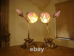 Amazing Pair 2 Lights Antique Stained Slag Glass Tulip Lamp