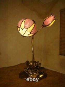 Amazing Pair 2 Lights Antique Stained Slag Glass Tulip Lamp