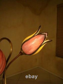 Amazing Pair 2 Lights Antique Stained Slag Glass Tulip Lamp