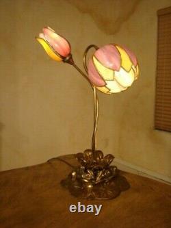 Amazing Pair 2 Lights Antique Stained Slag Glass Tulip Lamp