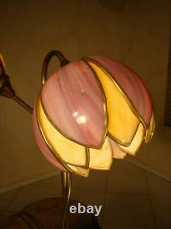 Amazing Pair 2 Lights Antique Stained Slag Glass Tulip Lamp