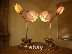 Amazing Pair 2 Lights Antique Stained Slag Glass Tulip Lamp