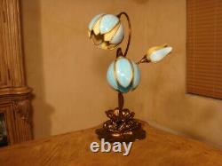 Amazing Unusual 3 Lights Antique Stained Slag Glass Tulip Lamp