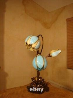 Amazing Unusual 3 Lights Antique Stained Slag Glass Tulip Lamp