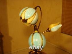 Amazing Unusual 3 Lights Antique Stained Slag Glass Tulip Lamp