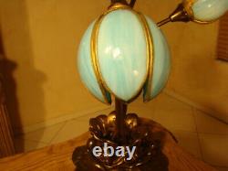 Amazing Unusual 3 Lights Antique Stained Slag Glass Tulip Lamp