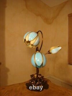 Amazing Unusual 3 Lights Antique Stained Slag Glass Tulip Lamp