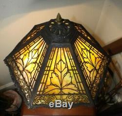 Antique 1900s Art Nouveau Green Slag Stained Glass Table Lamp Rewired FREE SHIP