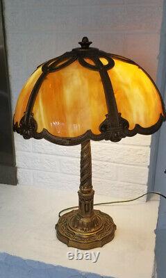 Antique 1920 Stained Glass Lamp w Gilt Metal Base Sgnd H. A Best Lamp Chicago IL