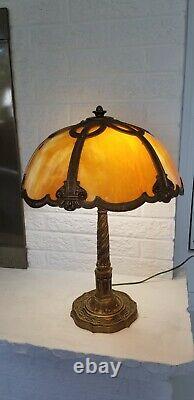 Antique 1920 Stained Glass Lamp w Gilt Metal Base Sgnd H. A Best Lamp Chicago IL