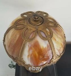 Antique 1920 Stained Glass Lamp w Gilt Metal Base Sgnd H. A Best Lamp Chicago IL