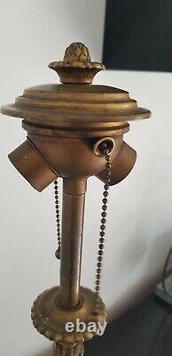 Antique 1920 Stained Glass Lamp w Gilt Metal Base Sgnd H. A Best Lamp Chicago IL