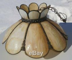 Antique 1930s Electric Ornate Trim Stained Slag Cream Glass Hanging Lamp WithShade