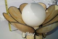 Antique 1930s Electric Ornate Trim Stained Slag Cream Glass Hanging Lamp WithShade