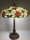 Antique American Mosaic Leaded Stained Glass Lamp With Pink Flowers