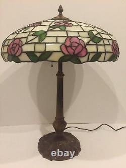Antique American Mosaic Leaded Stained Glass Lamp with Pink Flowers